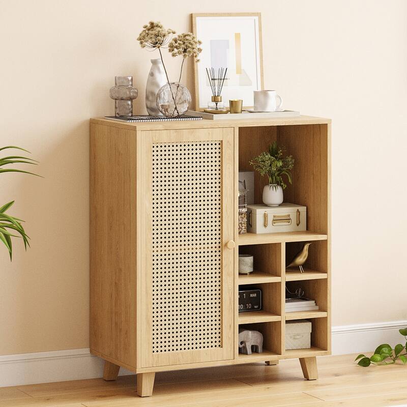 Rossetta 47'' Modern Rattan-Front Door Sideboard Cabinet with Open Shelves and Protective Foot Pads