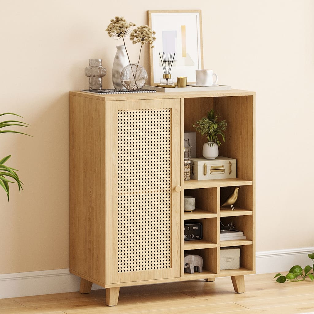 Rossetta 47'' Modern Rattan-Front Door Sideboard Cabinet with Open Shelves and Protective Foot Pads