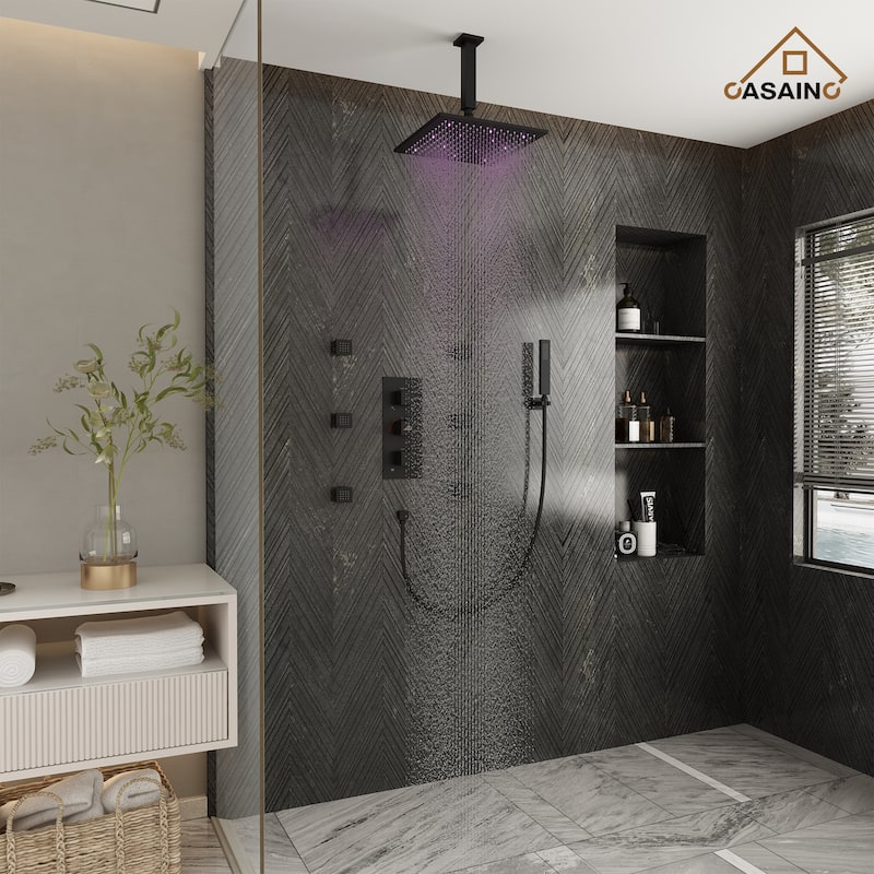 Celling 12 inch LED 3 Function Thermostatic Shower System with 6 Body Jets
