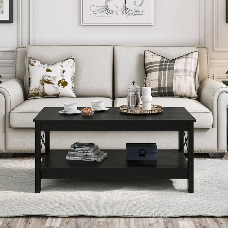 Farmhouse Wood Accent Coffee Table with Large Storage Shelf