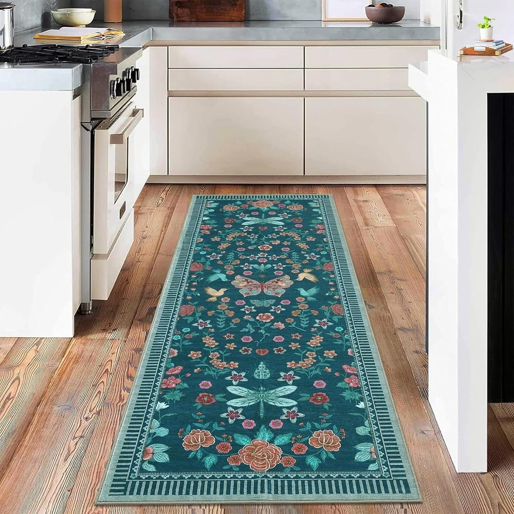 Modern Floral Machine Washable Indoor Waterproof Area Rug for Bedroom, Living Room, Dark Green - 2' x 3'