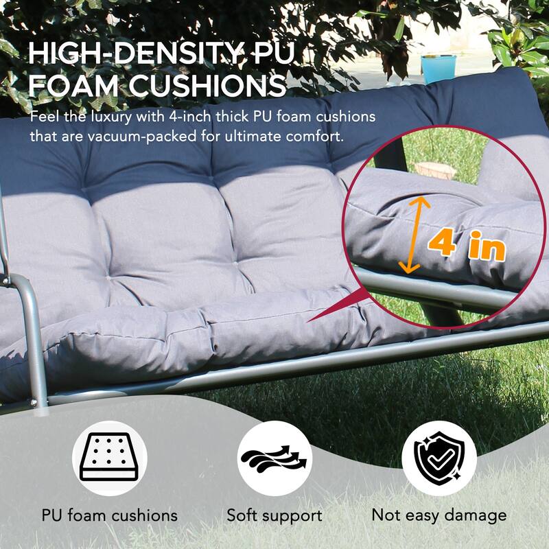 SUNJOY 3 Seat Deluxe Patio Swing Steel Frame, Adjustable Canopy Cushions Made in Italy