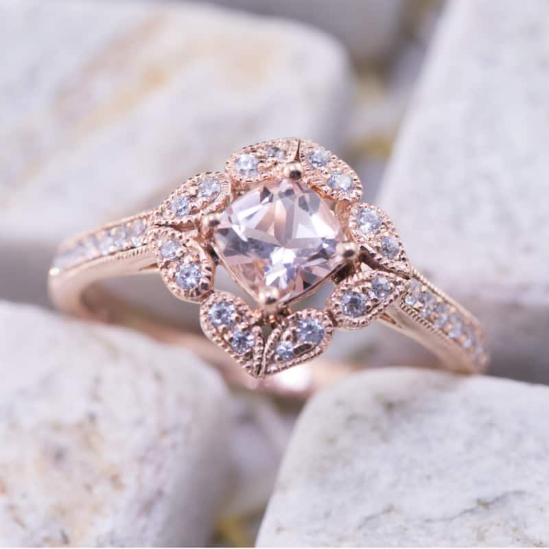 Auriya 10k Rose Gold 3/4ct Cushion Morganite Halo Diamond Engagement Ring 1/5cttw