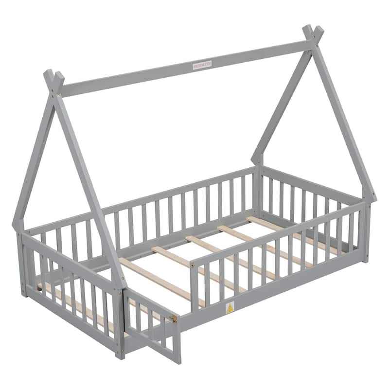 Grey Twin Tent-Shaped Floor Bed with Slats, and Door