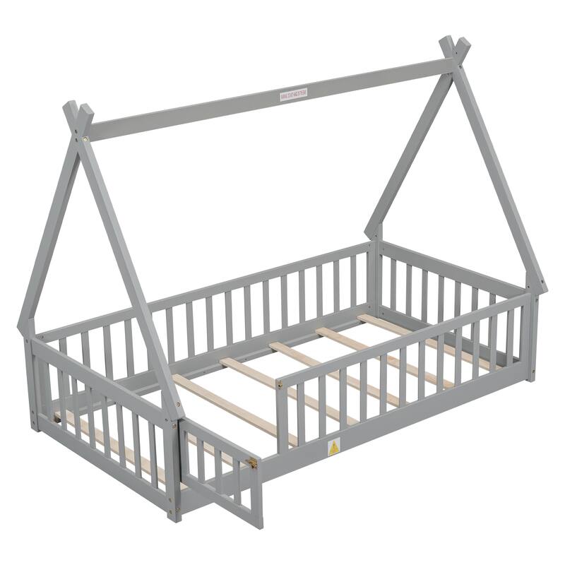 Kids Teepee Bed with Guardrails, Twin/Full Size Floor Bed
