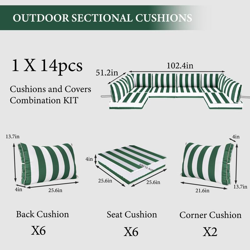 14pcs Outdoor Couch Cushions,4" Waterproof Sectional Rattan Conversation Set Cushions(Only Cushions+Covers,No Sofa) - 14PCS
