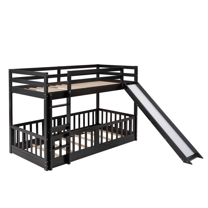 Twin Over Twin Bunk Bed with Slide and Ladder, Espresso Finish