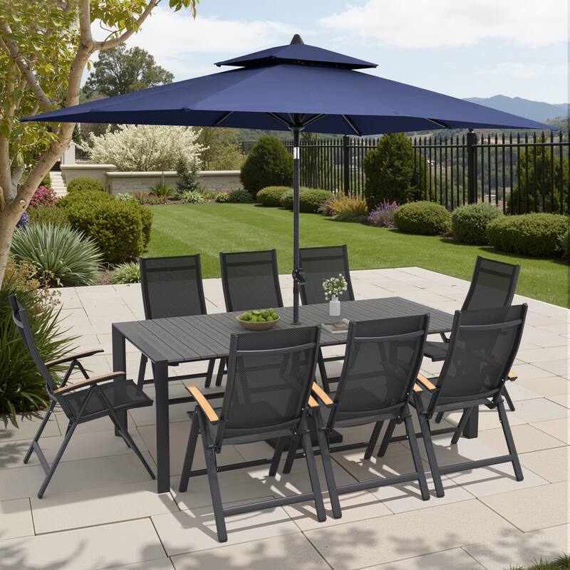 9/11-Piece Outdoor Patio Dining Set Aluminum Dining Table and Chairs w/10 ft Market Umbrella and Base - Set of 11 - Grey Table with Navy Blue Umbrella
