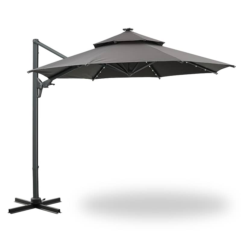 Autlaycil 10FT Cantilever Patio Umbrella with Solar Lights Included Base 360 Rotation Large Offset Hanging Outdoor Shade