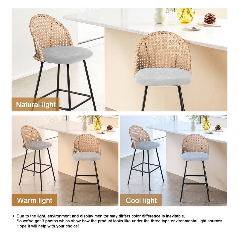 29" Upholstered Swivel Bar Stools with Rattan Back