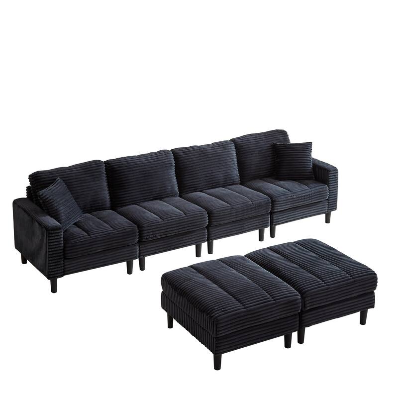 122.5" Corduroy U-Shaped Sectional Sofa with Ottomans & Pillows