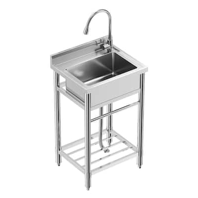 Utility Sink Free Standing, with Hot & Cold Hoses,Storage Shelve and Faucet, 24 In