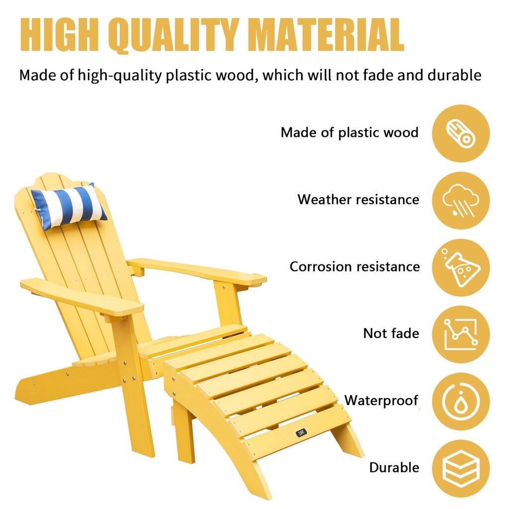 Wane Yellow Plastic Adirondack Chair with Ottoman and Head Pillow