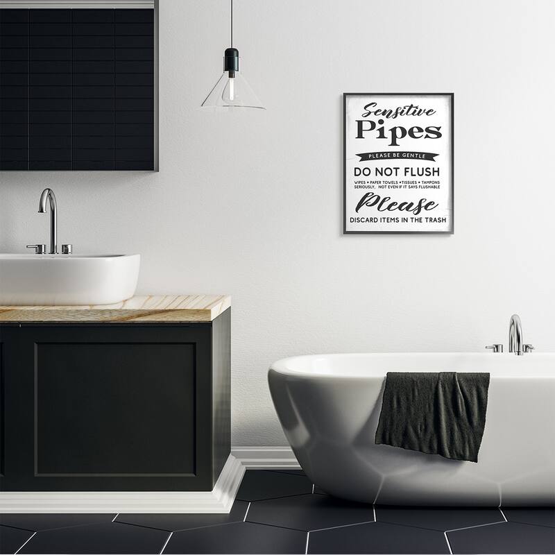 Stupell Sensitive Toilet Pipes Sign Flushing Restrictions Framed Wall Art - White