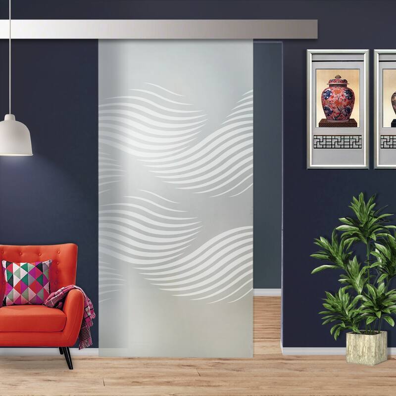 Glass Sliding Barn Door with Modern Frosted Design Hardware - 26"x81" - Full Private