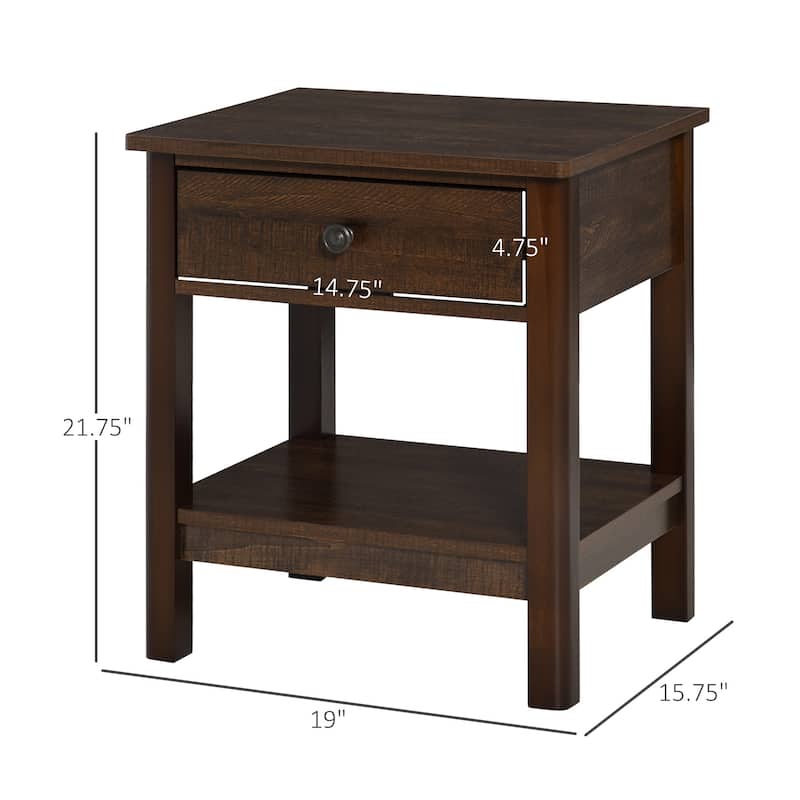 HOMCOM Bedside Night Stand with Drawer, Top and Bottom Shelf for Small Spaces, Dark Brown