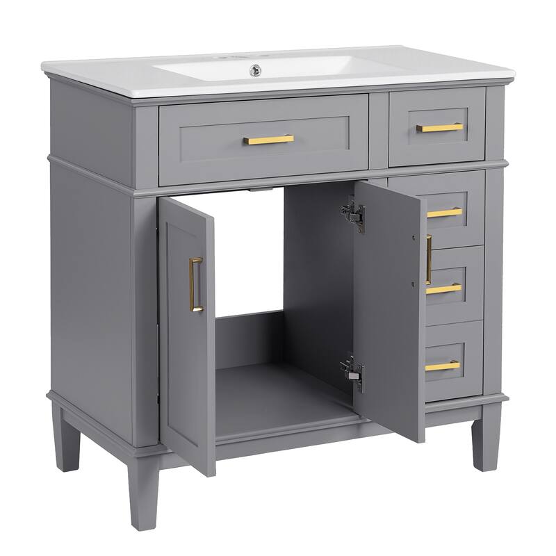 36 inch Bathroom Vanity with Ceramic Sink, Soft Close Doors, 4 Drawers