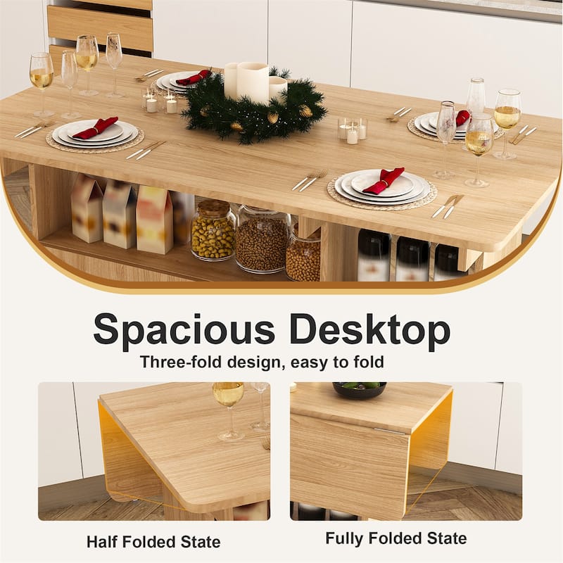 Multi-Functional Folding Table Kitchen Island with Storage Shelves and Wheels