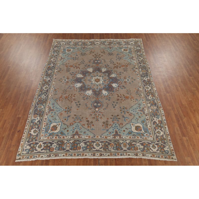 Brown Tabriz Persian Vintage Area Rug Handmade Wool Carpet - 8'3"x 11'3"