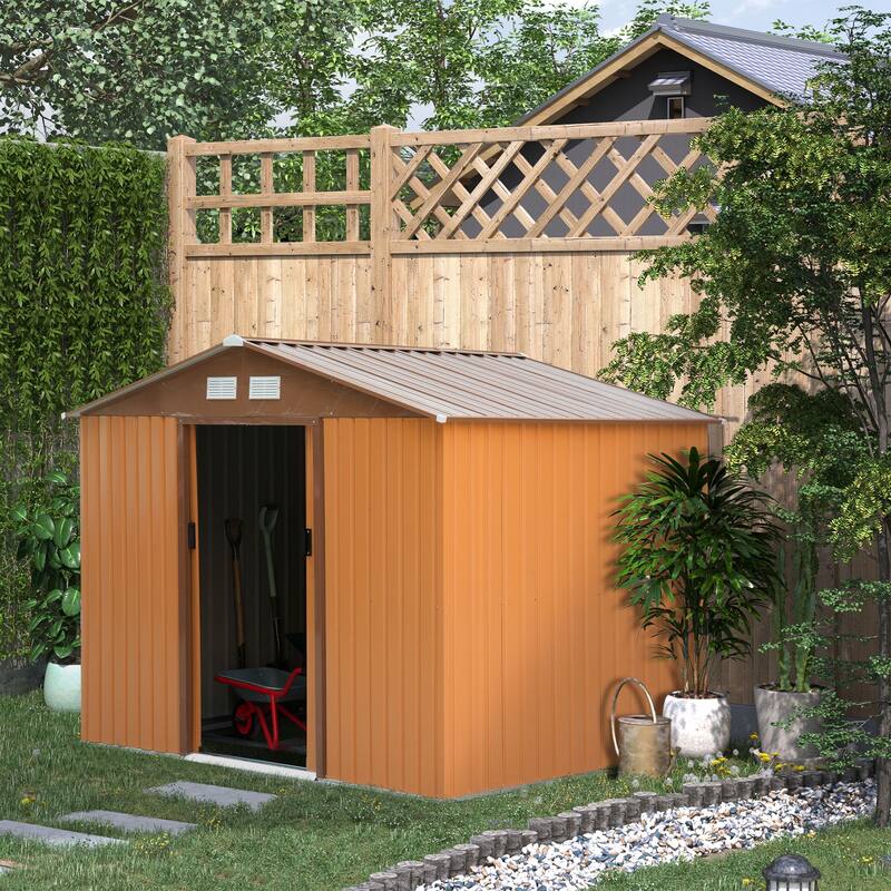 Outsunny 9' x 6' Outdoor Backyard Garden Tool Shed with Double Sliding Doors, 4 Airy Vents, & Durable Steel - Brown