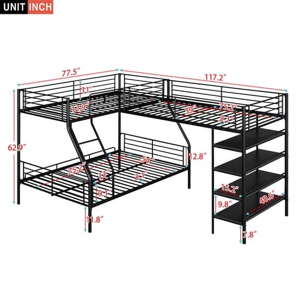 L-Shaped Metal Twin Over Full Bunk Bed with Twin Size Loft Bed and Four Built-in Shelves in Black