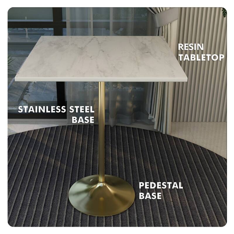 LeisureMod Verve Square Bar Dining Table with White Resin TableTop and Gold Steel Base for Kitchen & Dining Room