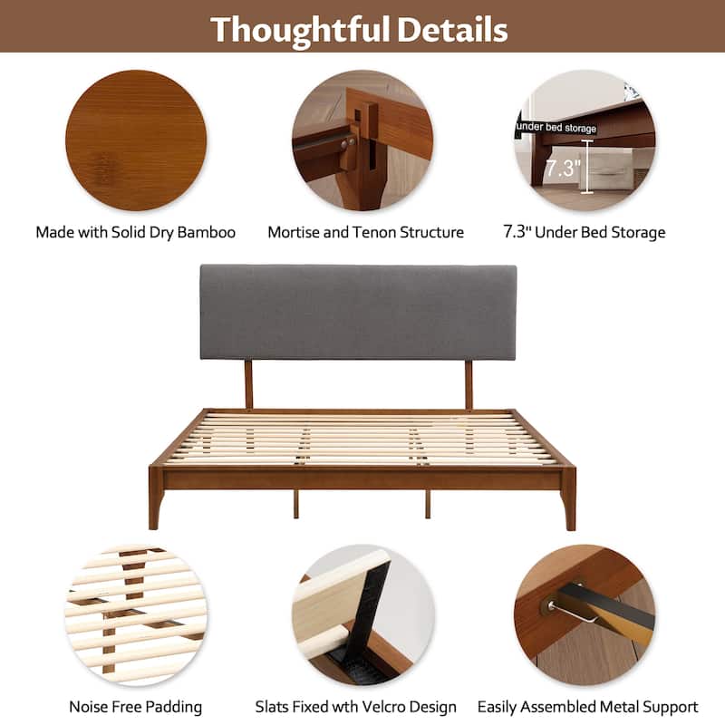 Solid Dry Bamboo Wood Platform Bed with Bamboo Frame, Upholstered Adjustable Headboard, Noise-Free Design, Easy Assembly