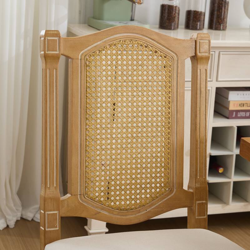 Set of 2 Full Solid Wood Rattan-Back Dining Chair, Matte Linen Cushion with High-Resilience Foam & S-Springs