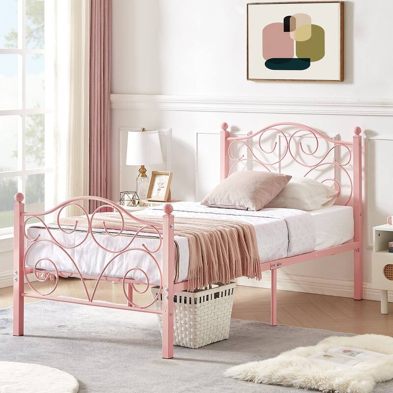 VECELO Metal Platform Bed Frame with Scroll Headboard, Twin/Full/Queen Size Beds