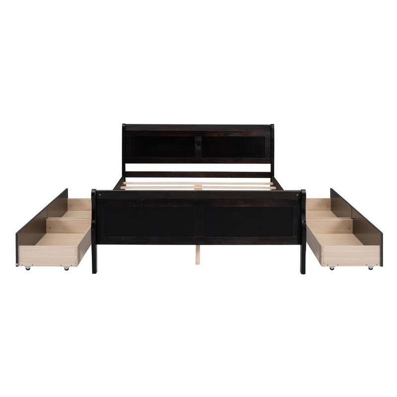 Wood Platform Bed with 4 Drawers and Streamlined Headboard & Footboard