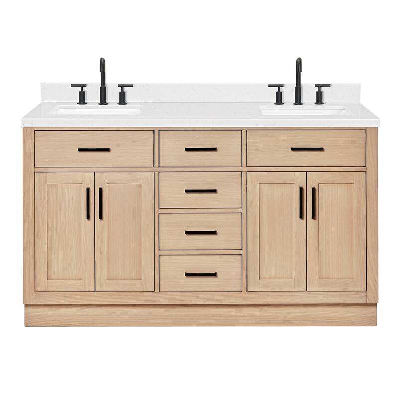 Ariel T060DCQRVO Hepburn 60" Free Standing Double Basin Vanity Set - Oak / Carrara White Quartz Top / Matte Black