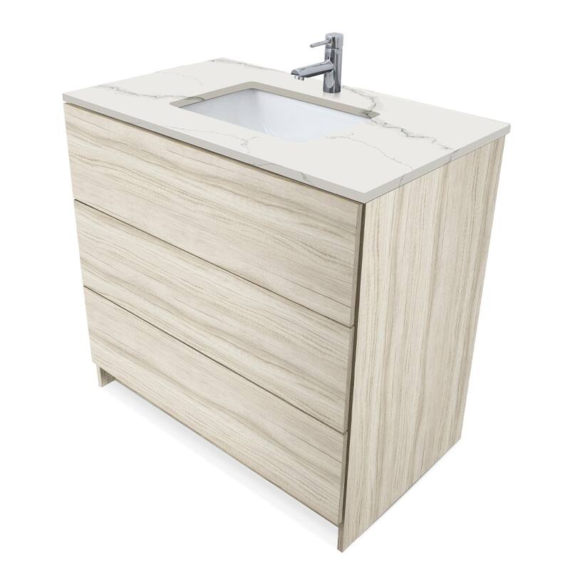 Element Standing 36 in x W x 22 in D x 35 in H Bath Vanity in Ebony with Galaxy White Quartz Top Single Hole - Calacatta White Single hole - White Oak