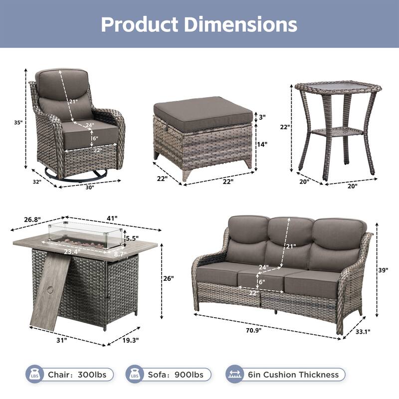 Meyreso 7-Piece Wicker Outdoor Patio Fire Pit Conversation Set with 6-Inch Thick Cushions