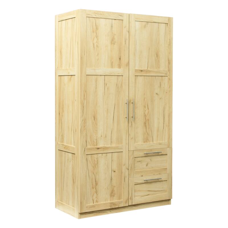 High Wardrobe Armoire & Kitchen Cabinet with 2 Doors, 2 Drawers and 5 Storage Spaces, Durable Sturdy MDF Frame for Bedroom