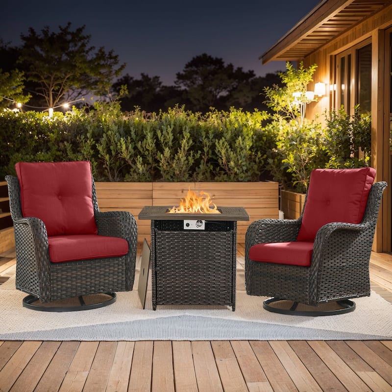 Pocassy 3 Pieces Fire Pit Table with Swivel Gilder Chairs - Brown Wicker Red Cushion - 3 Pieces Swivel Chair with Fire Table