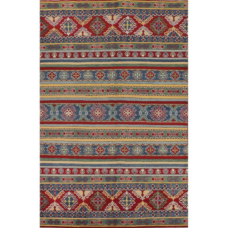 Striped Oriental Kazak Area Rug Hand-Knotted Wool Carpet - 6'7" x 9'9"