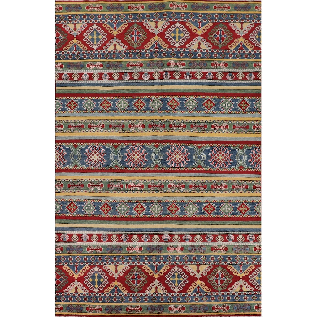 Striped Oriental Kazak Area Rug Hand-Knotted Wool Carpet - 6'7" x 9'9"
