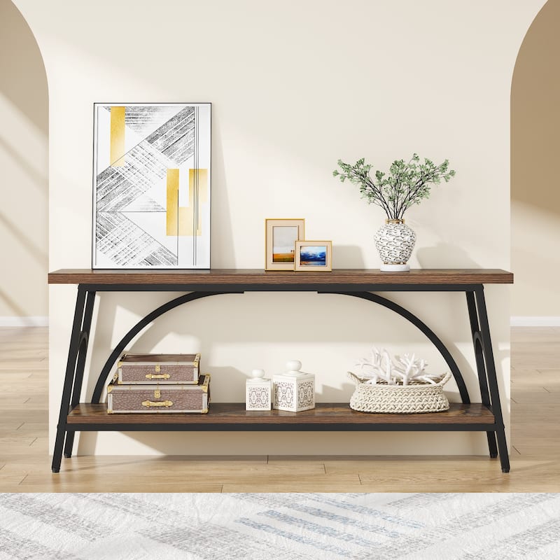 70.8” Extra Long Console Table, Narrow Sofa Tables with 2 Tier Storage Shelves