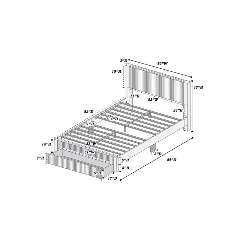 Queen Size Corduroy Platform Bed with Storage Drawer and Channel-Tufted Headboard and Contemporary Design