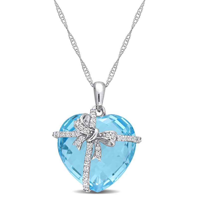 Miadora 14 1/2ct TGW Heart-cut Blue Topaz and 1/8ct TDW Diamond Bow Necklace in 10k White Gold