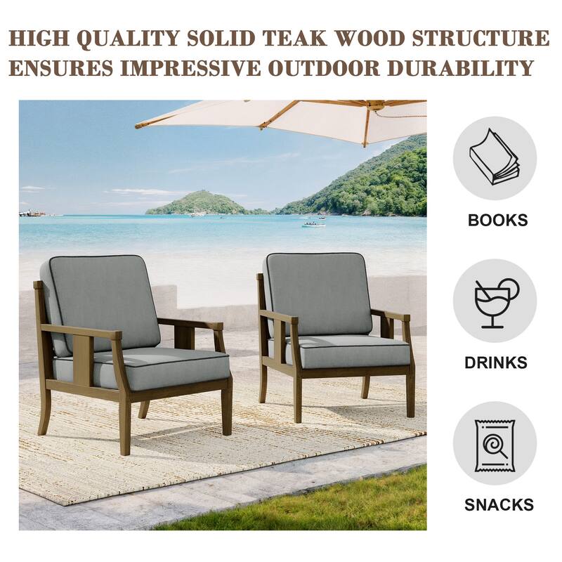 2 Set Brown Wood Outdoor Accent Club Chairs with Water-Resistant Cushions