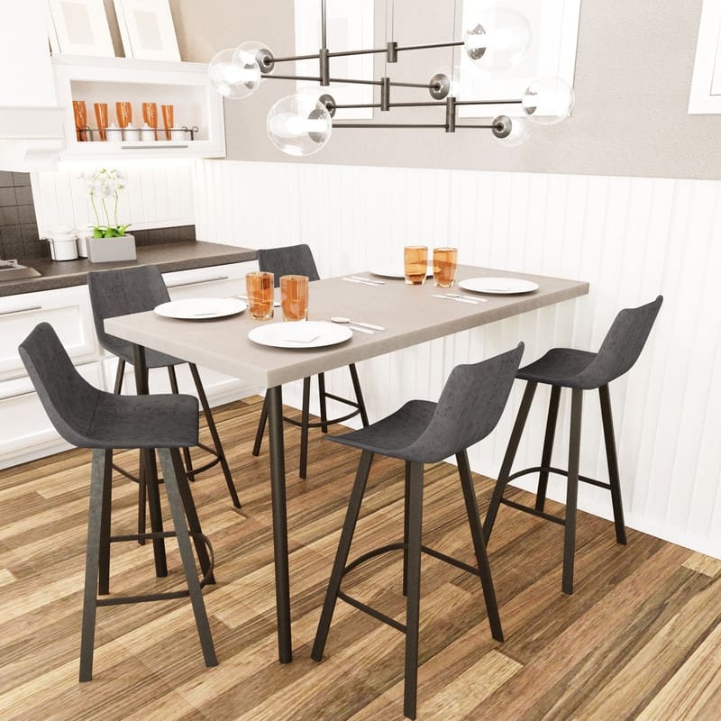Elland Modern Upholstered Leather Bar Stool with Stainless Steel Legs, Curve Padded Seat, Built-in Footrest, and Plastic Glides - Grey