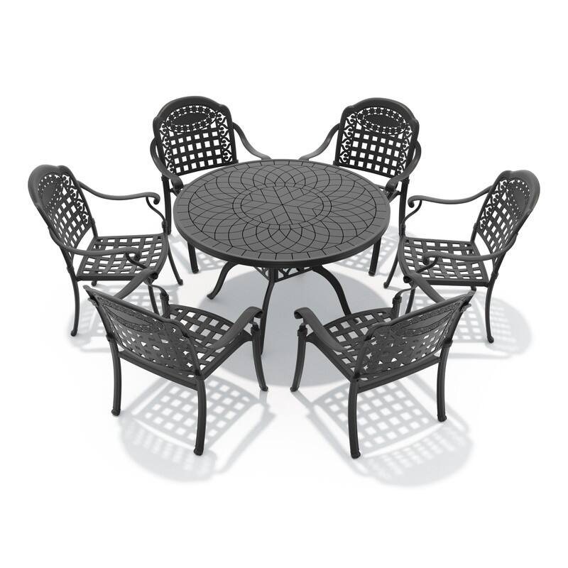 7-Piece Patio Dining Set Aluminum Table & 6 Dining Arm Chairs with Cushions