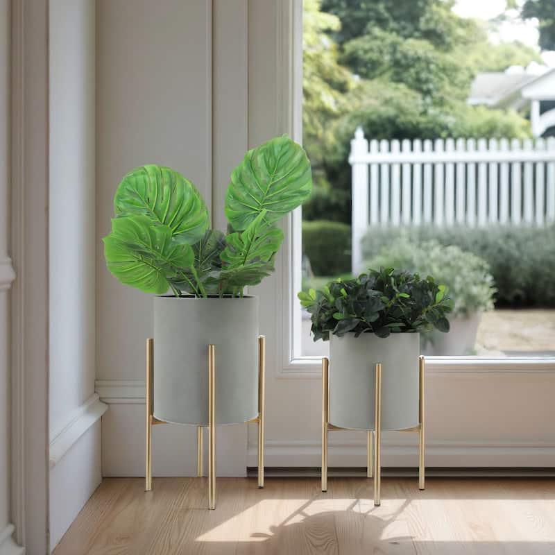 Modern Metal Round Planters on Stand - Set of 2