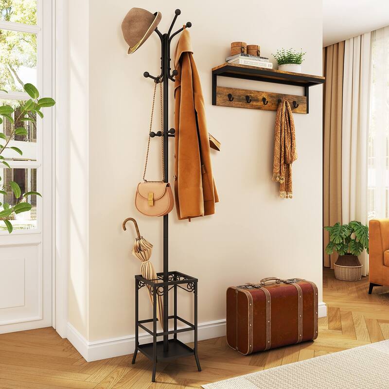 Coat Rack Freestanding,Entryway Coat Hanger Stand,Umbrella Holder,Hall Tree With 12 Hooks,Standing Coat Rack