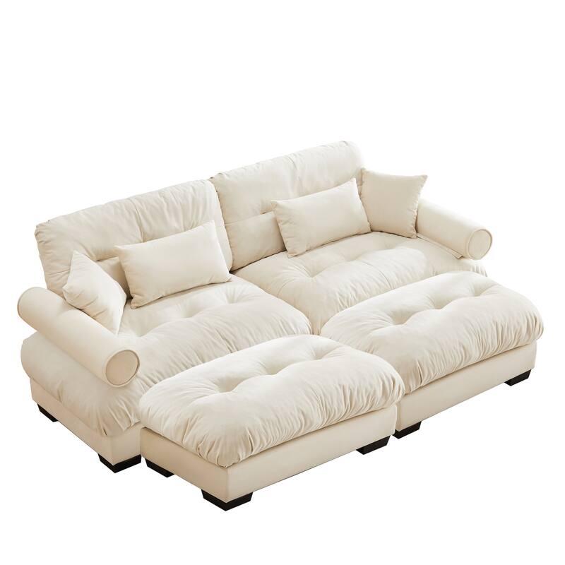 93.7" Oversized Velvet 2-Seater Sofa with Ottoman, Round Bolster Armrests, and Included Pillows