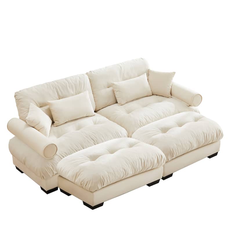 Loveseat Sofa Set 93.7" 2-Seater Modular Velvet Couch with Ottoman, Round Arms and Throw Pillows for Living Room, Office
