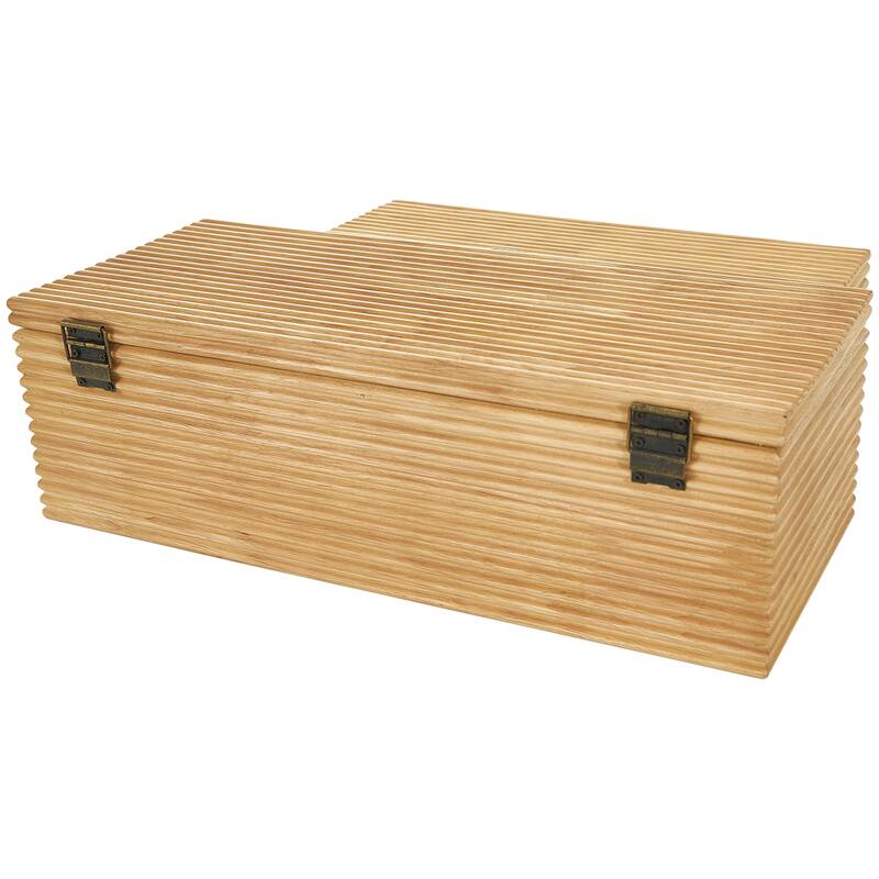 Light Brown Wood Carved Linear Box (Set of 2)
