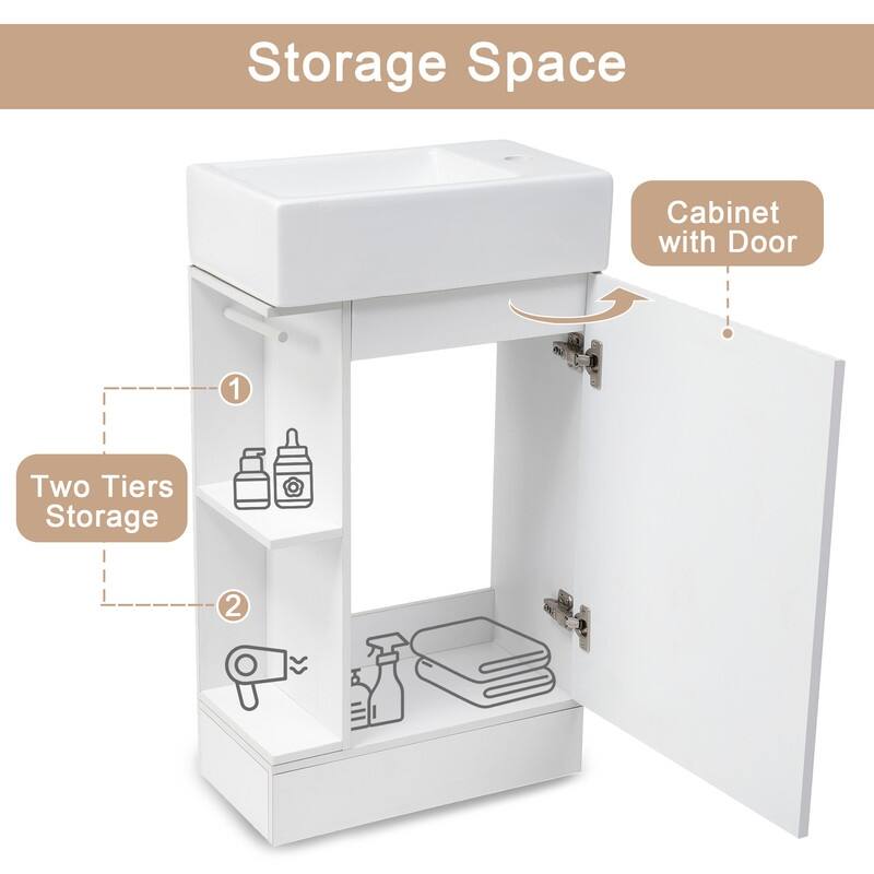 18.6" Bathroom Vanity with Sink Combo, Small Bathroom Cabinet with 2-Tier Shelf, Bathroom Vanity Set with Ceramic Sink