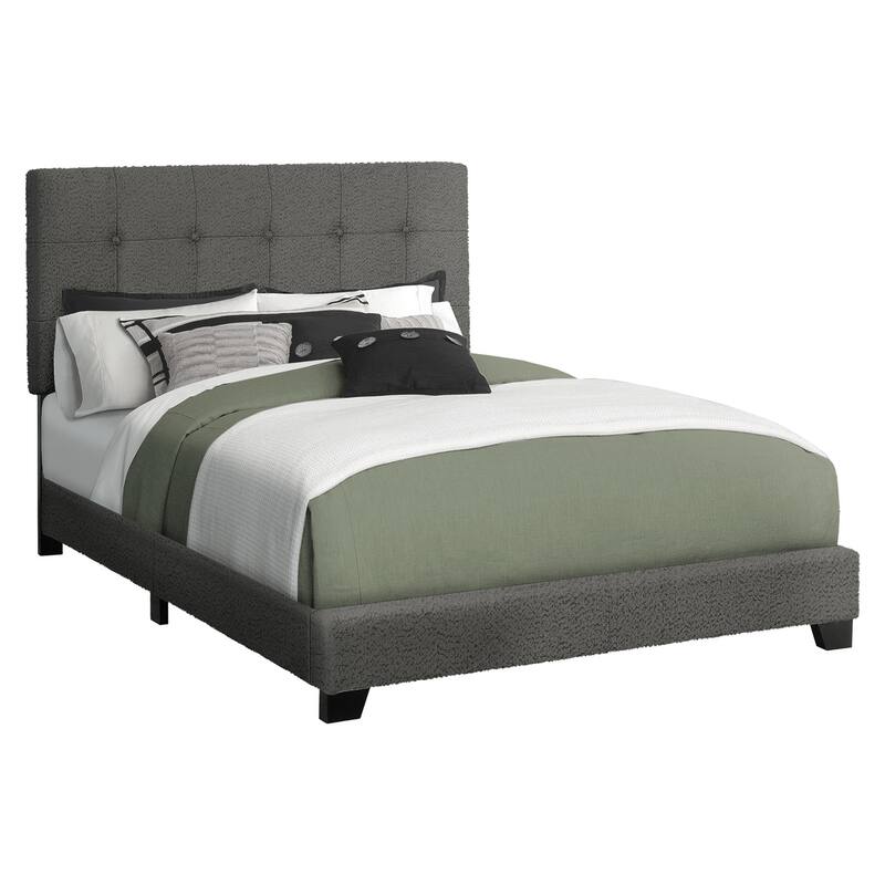 Full Size Upholstered Bed Frame with Button-Tufted Headboard, Dark Grey Boucle Fabric, Transitional Bedroom Decor